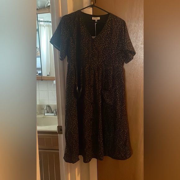 Comfy brindle print dress with pockets, navy/brown. - Picture 5 of 5